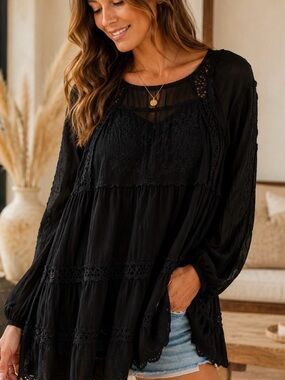Free People Black Tiered Lace Boho Tunic